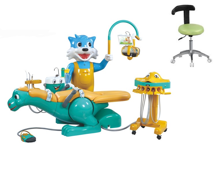 Hệ thống ghế máy Nha khoa cho trẻ em với thiết kế hình khủng long & Hộp phụ tá bên cạnh hình mèo cười bluecat và cá thòi lòi